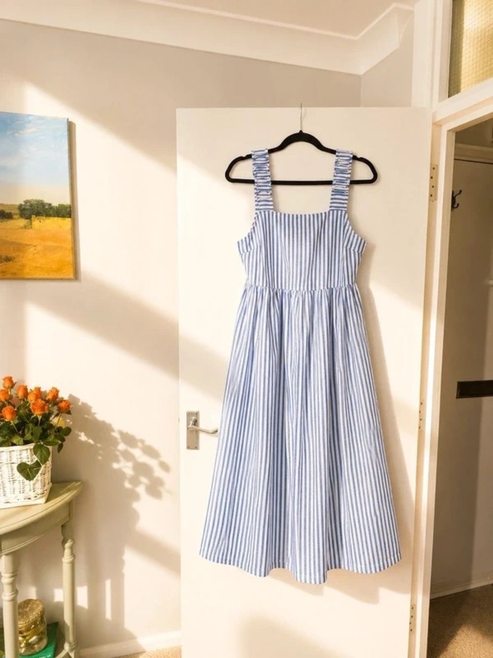 Blue and White Striped Midi Dress with Ruching Straps by